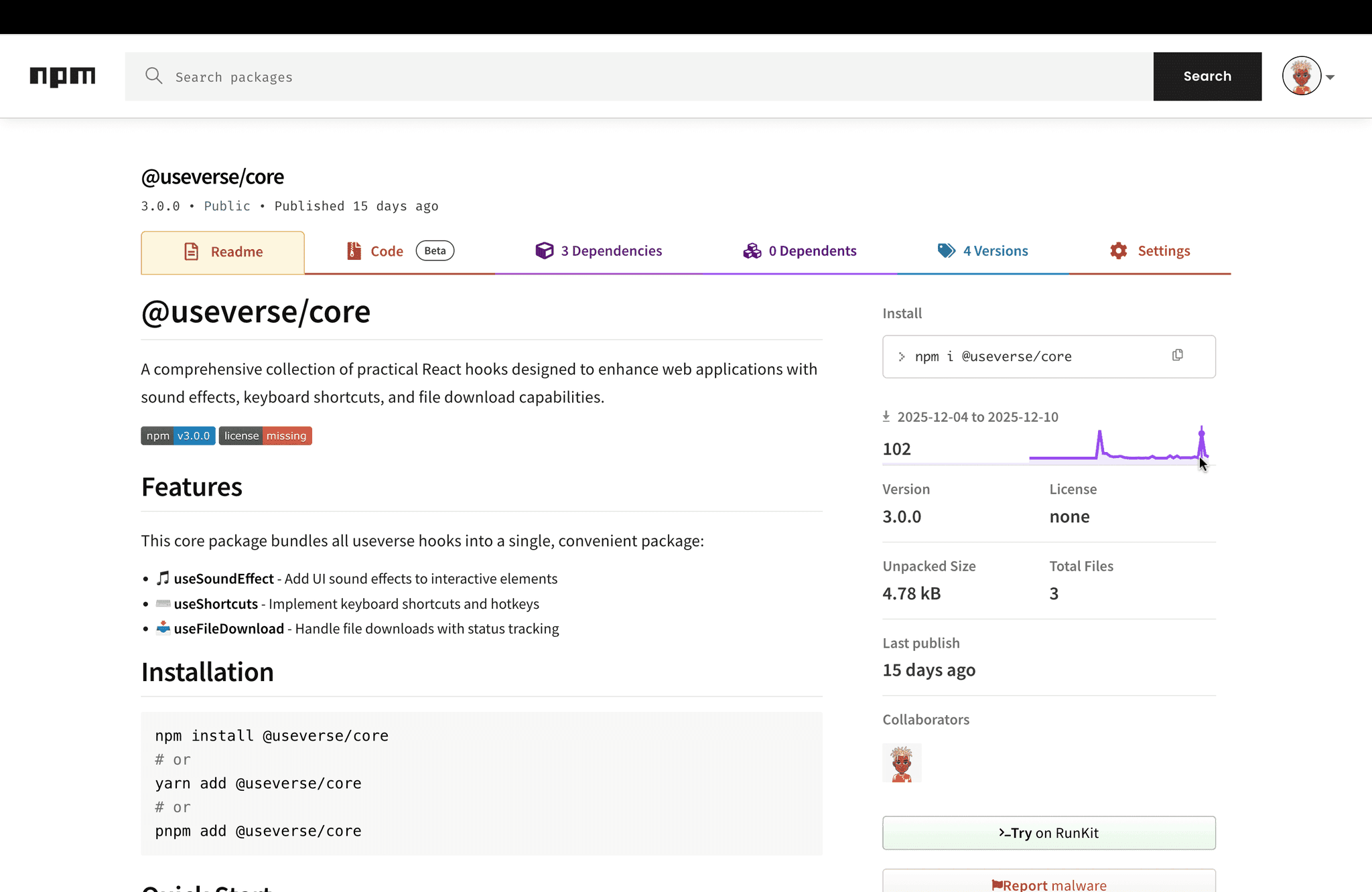 An image of the @useverse (NPM Package) project.